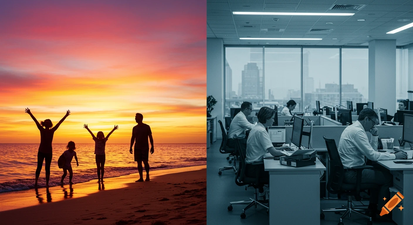 Split image showing a family in silhouette celebrating on a beach at sunset, contrasted with office workers in a drab, corporate environment.