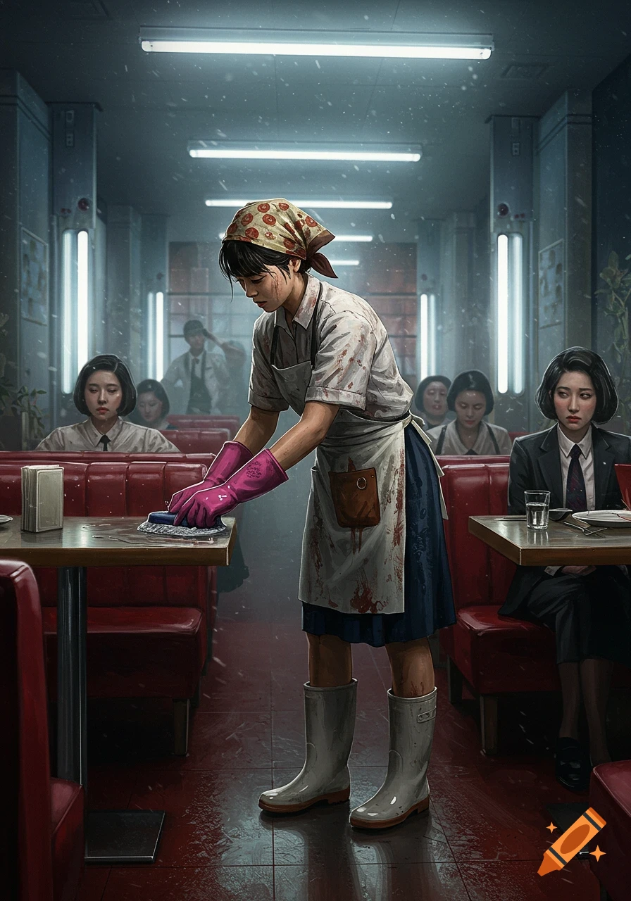 A tired charwoman in pink gloves, apron, and headscarf cleans a wet table in a dimly lit, dystopian restaurant.