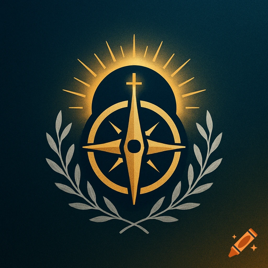 Golden compass logo with a Christian cross, sunburst, and silver laurel branches on a dark background.