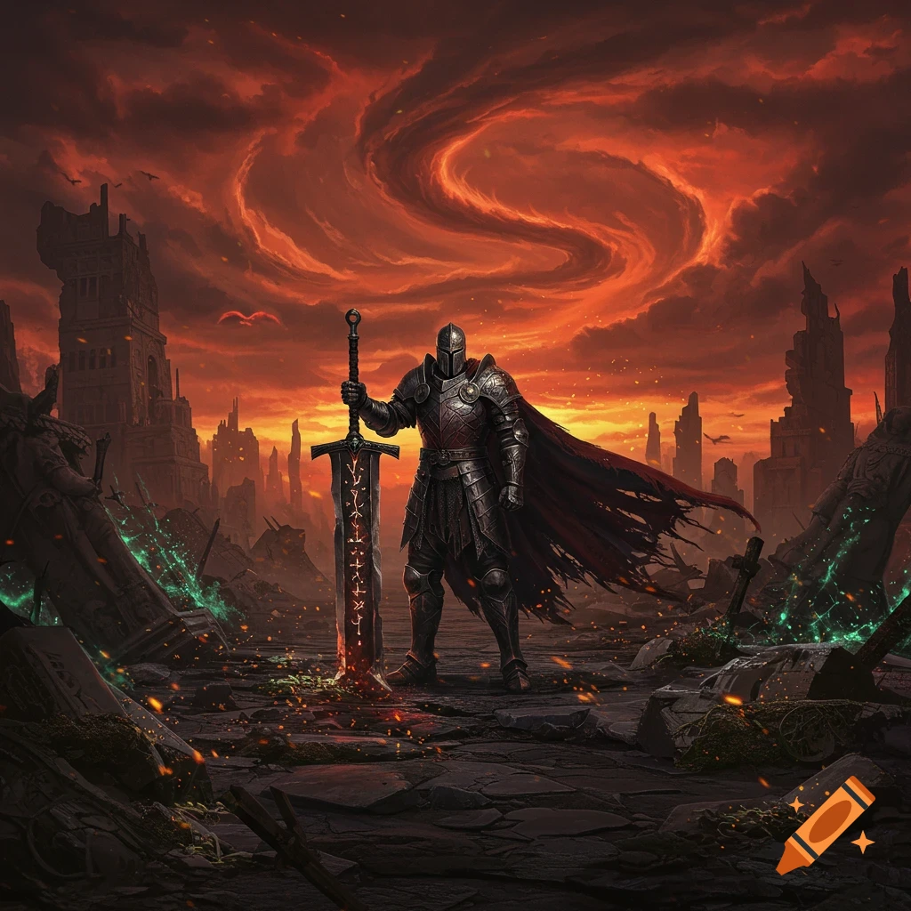 A knight in dark armor stands in a ruined city, holding a giant sword under a swirling blood-red sky in dark fantasy art.