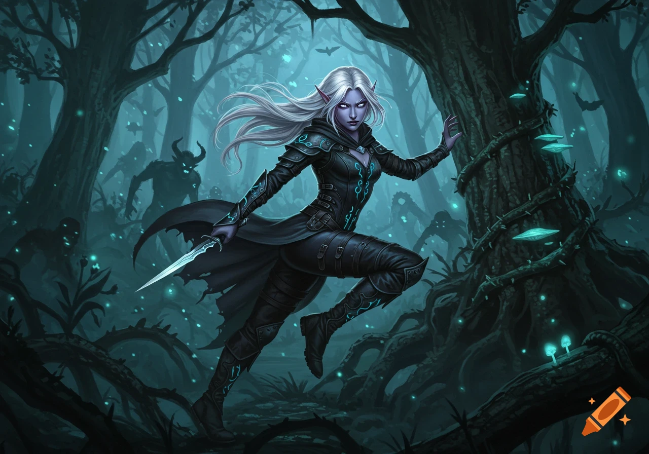 A white-haired Drow rogue with purple skin in dark armor runs through a spooky, glowing forest as shadowy monsters lurk.