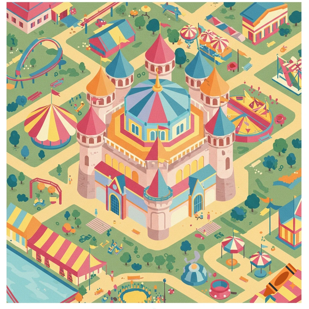 A colorful, flat, pop-art isometric illustration of an amusement park castle surrounded by various attractions and paths.