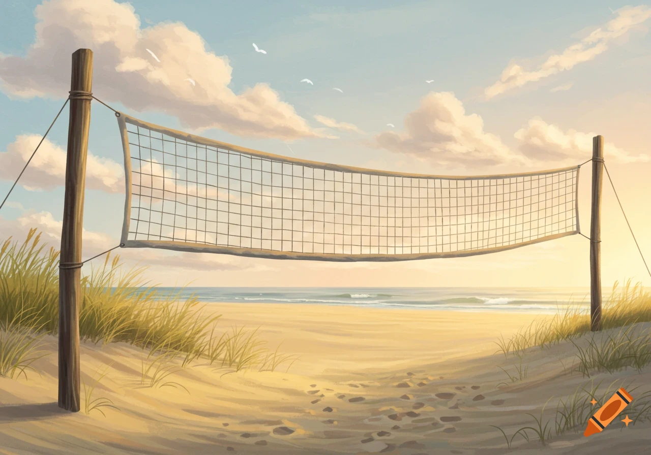 Illustrated volleyball net on a sandy beach at sunset, with ocean waves and a sky with clouds.
