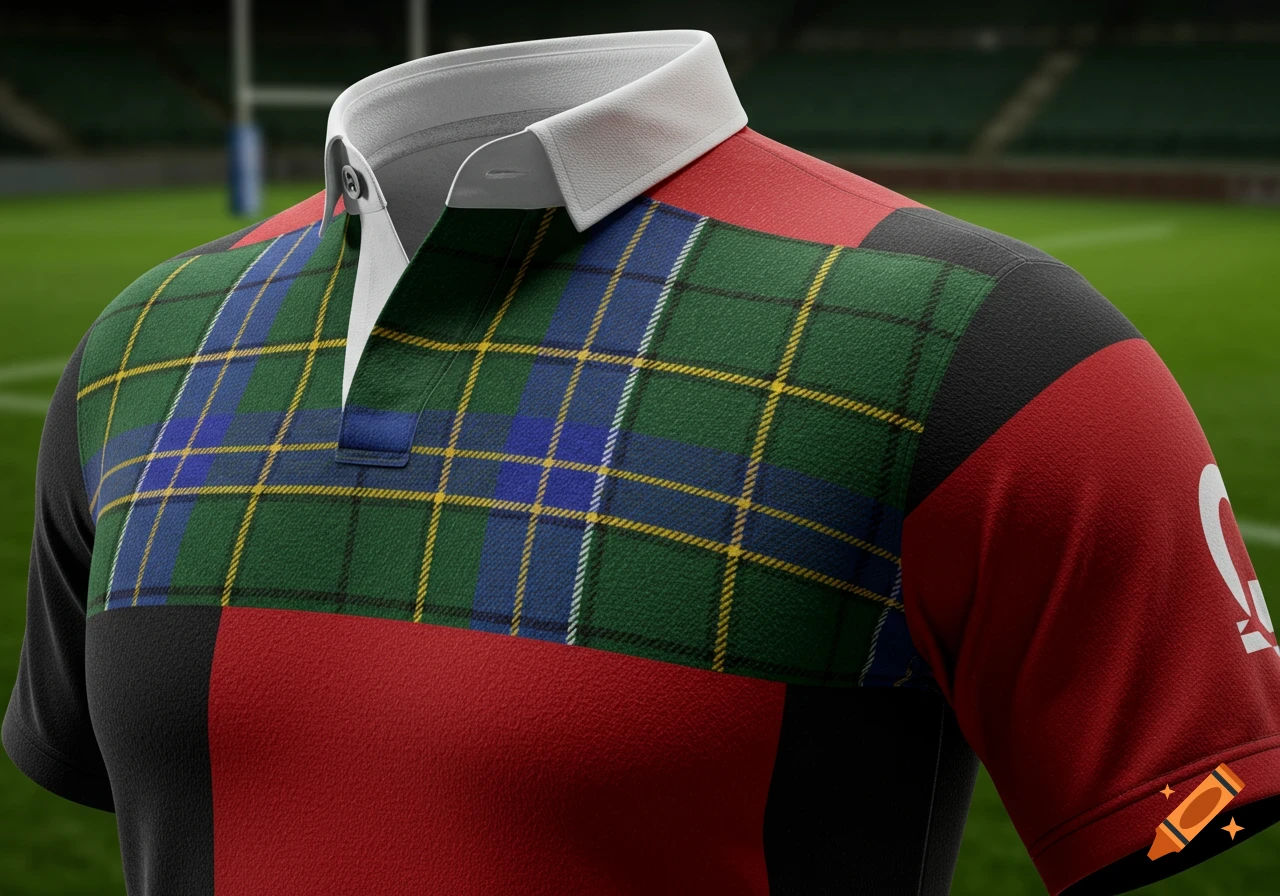 Close-up of a rugby shirt with panels of green and blue tartan, red, and black, against a blurred rugby field background.