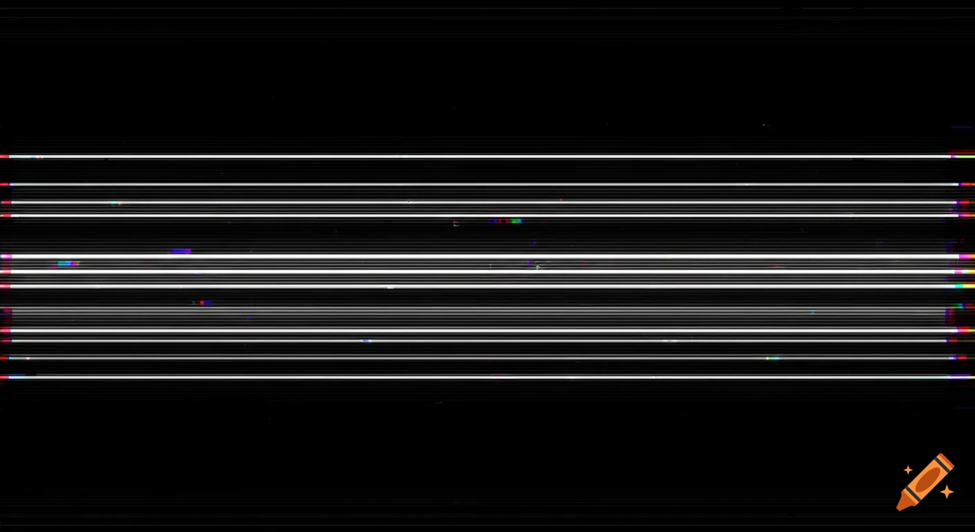 Horizontal white lines on a black background with colorful pixelated glitch effects.