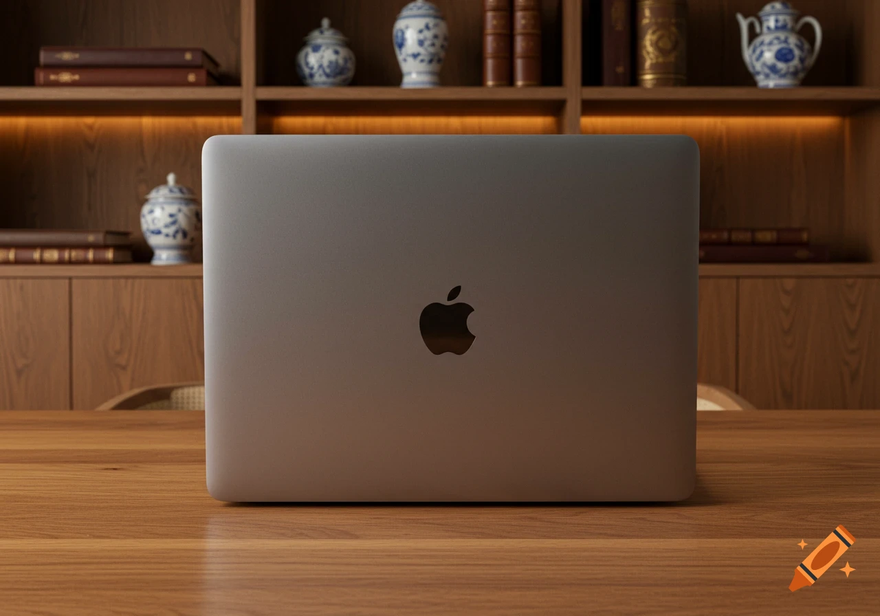 Photorealistic image of the back of a MacBook Pro on a wooden desk, with blurred wooden shelves and decorative items in the background.