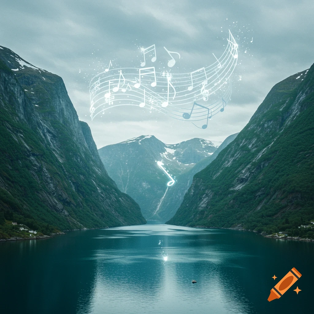 A picturesque Norwegian fjord with towering mountains, a calm lake, and glowing musical notes floating in the sky. Photorealistic.