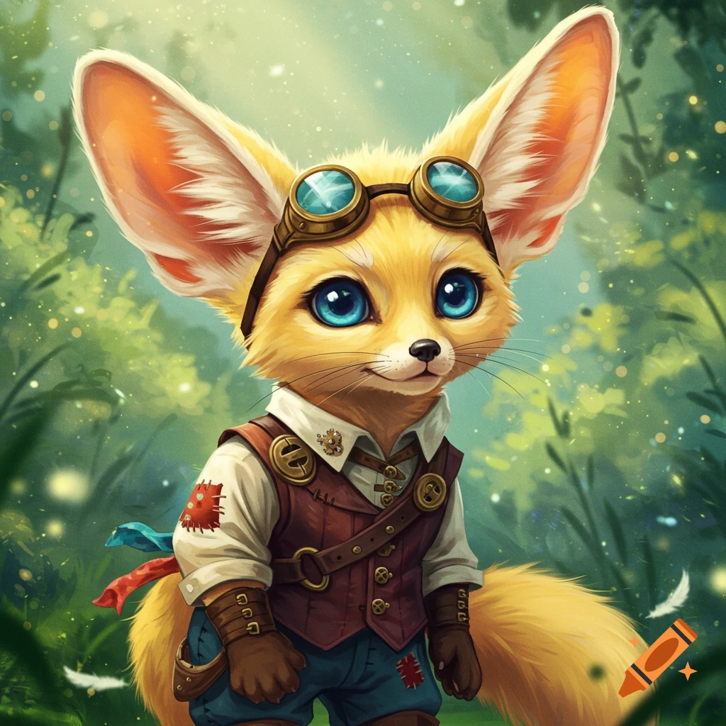 A cute yellow fennec fox with big blue eyes and goggles, dressed in a fantasy vest, stands in a magical forest.