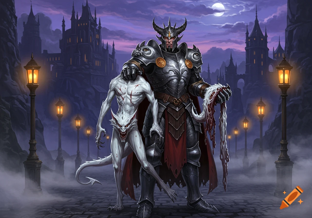 A horned, armored dark lord stands holding a white, blood-spattered monster by the neck and bloody entrails, in front of a Gothic castle at night.