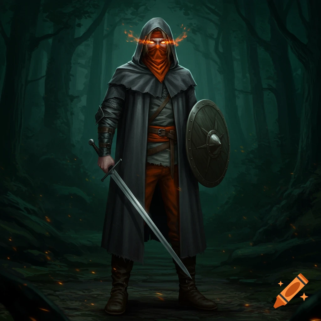 A hooded warrior with glowing orange eyes holds a sword and shield in a dark, mystical forest.