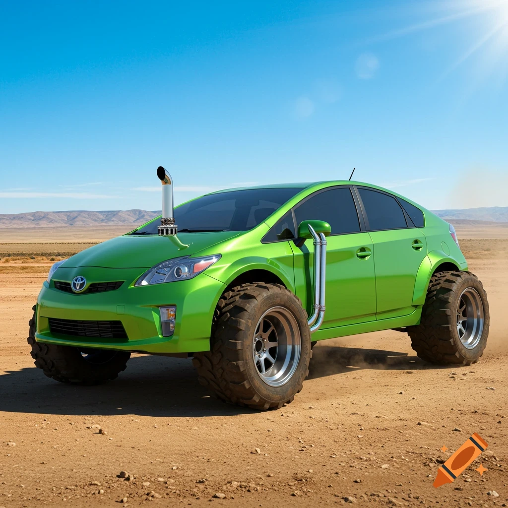 A bright green modified Toyota Prius with large mud tires and a chrome exhaust stack on the hood drives on a dirt road in a desert.