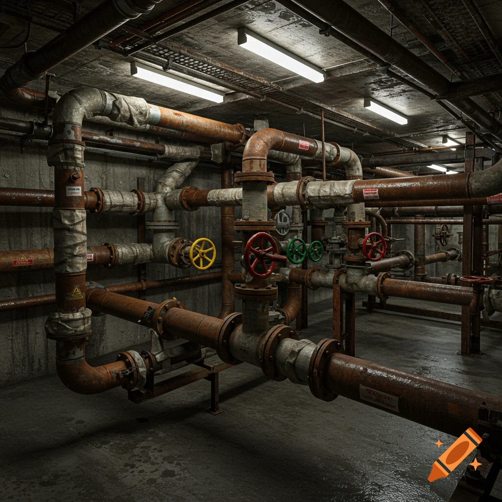 Photorealistic image of a dark, damp, underground room with a complex network of rusty pipes and colorful valves, illuminated by fluorescent lights.