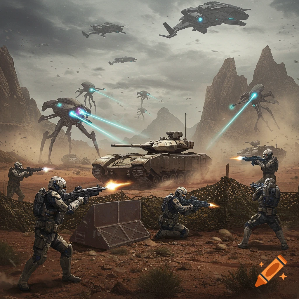 Photorealistic sci-fi art of futuristic soldiers and a tank battling alien tripods and dropships on a desolate planet.