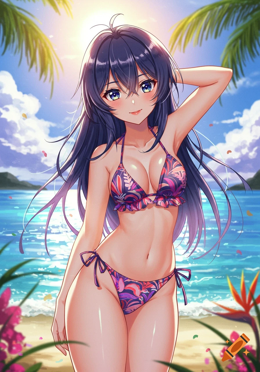 An anime woman with dark hair in a floral bikini poses on a sunny beach with palm trees and blue water.