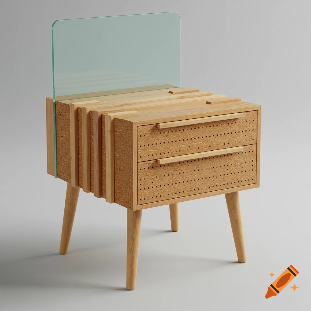Modern minimalist bedside table with two cork-textured drawers, wooden frame, and a clear glass back panel, on a light background.