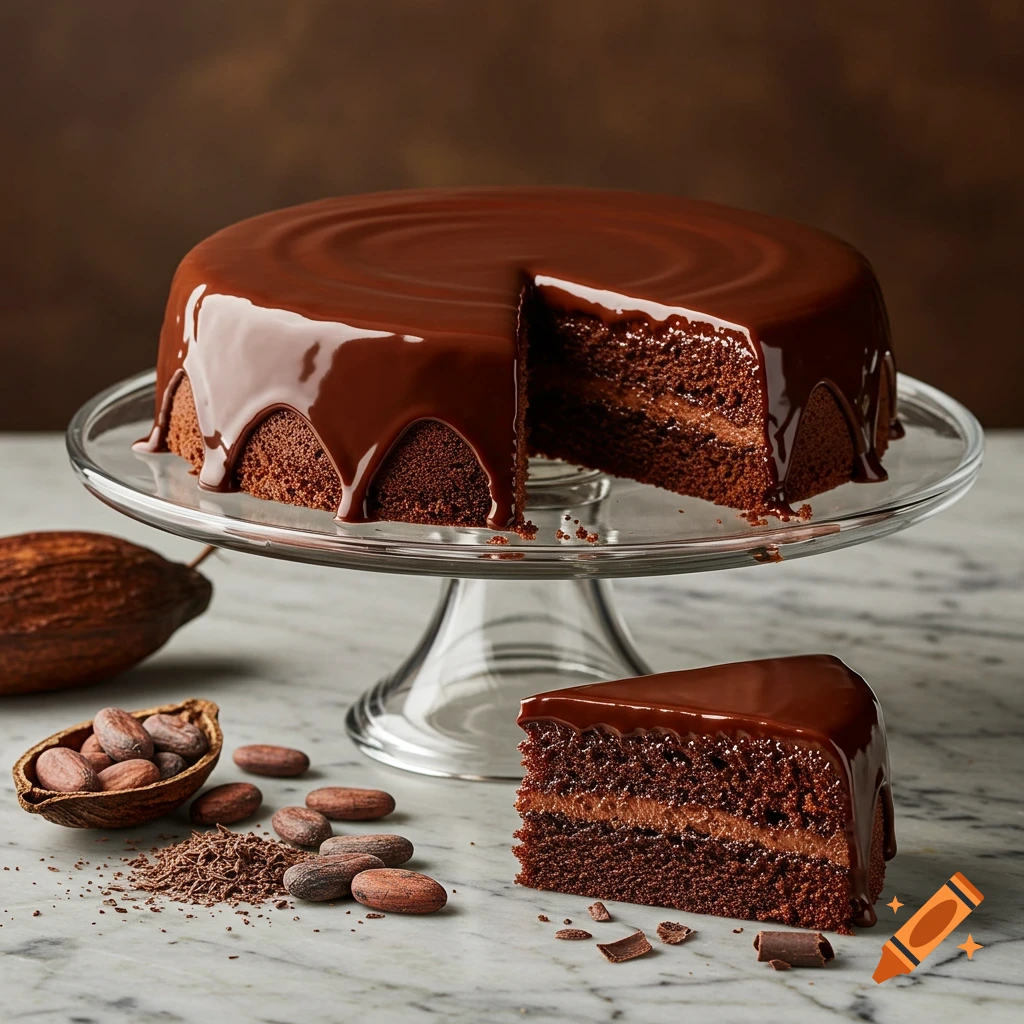 A photorealistic image of a rich, moist chocolate cake with a glossy glaze, a slice cut out, on a glass stand. Cocoa beans are on a marble surface.