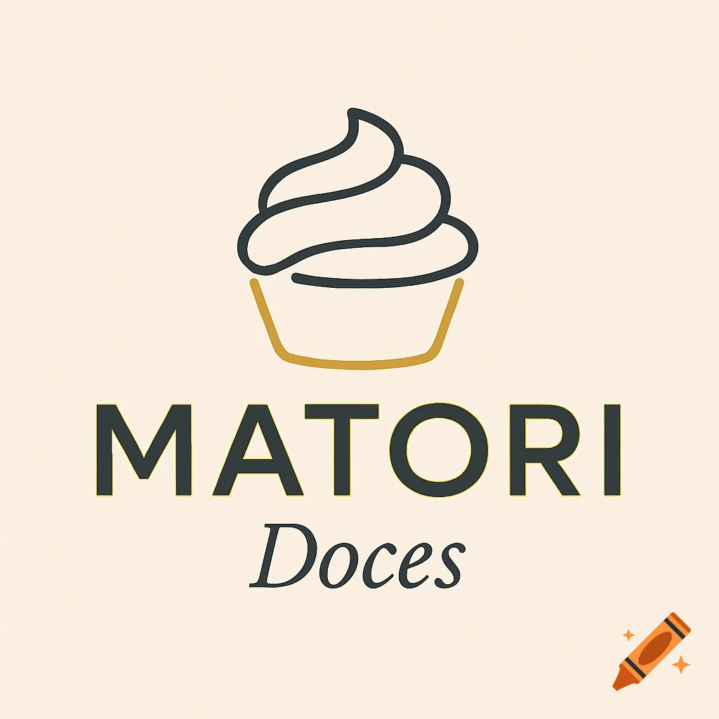 Minimalist logo with a black and gold outline cupcake icon above the text 'MATORI Doces' on a light beige background.