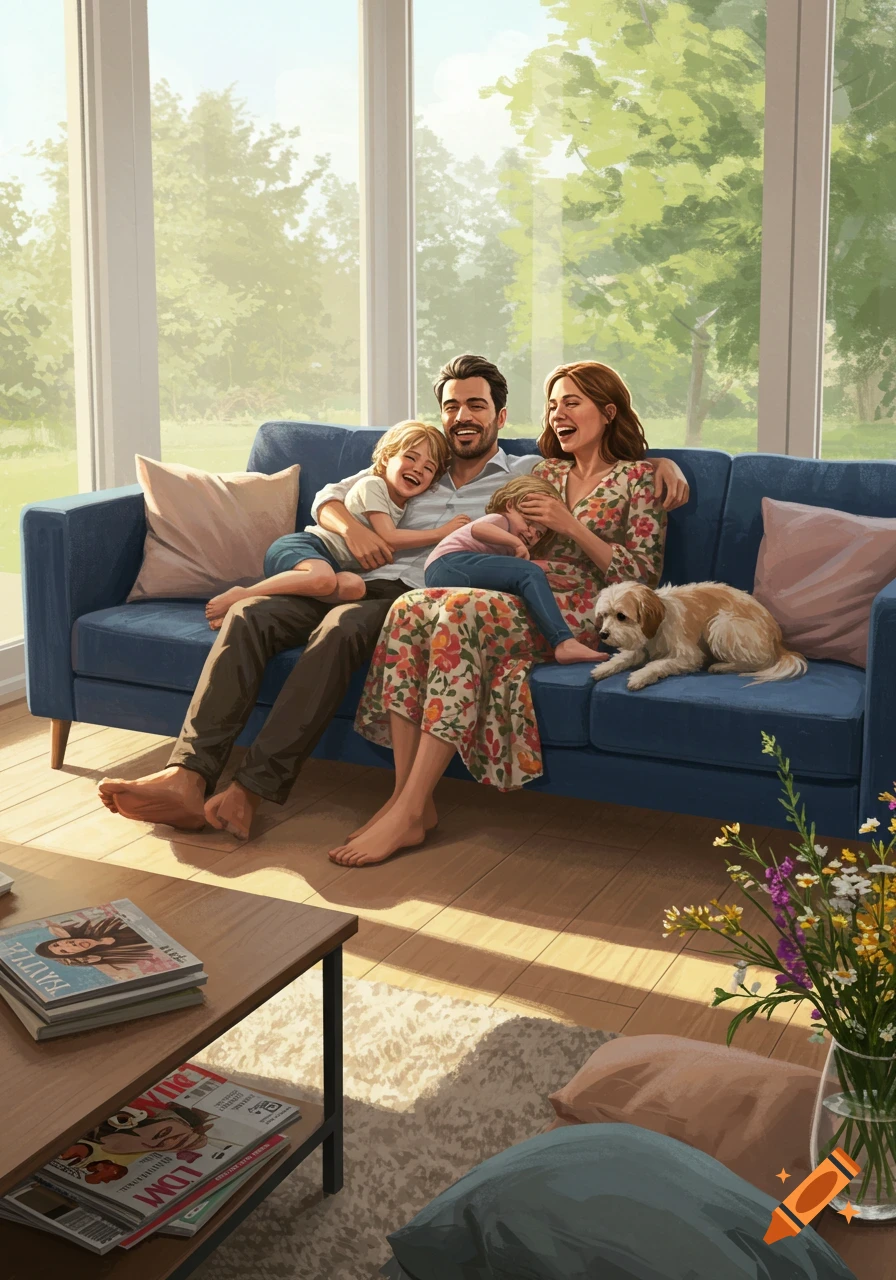 An illustration of a happy family with two children and a dog sitting on a blue sofa in a sunny living room.