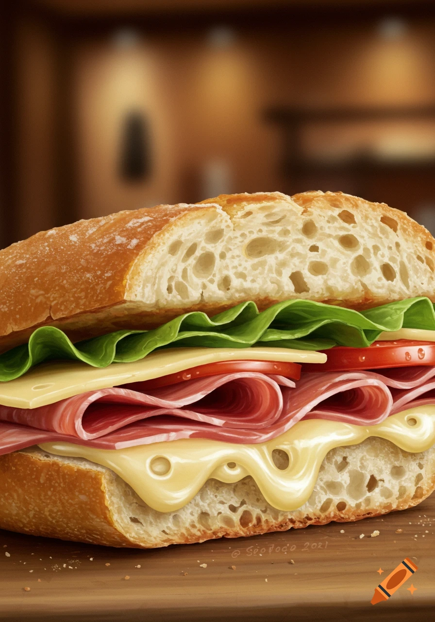 Close-up of a delicious sandwich on ciabatta bread filled with ham, cheese, lettuce, and tomatoes.