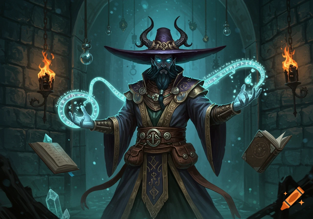 A horned warlock with a beard in a wide-brimmed hat casts glowing blue magic in a dungeon with torches and floating books.