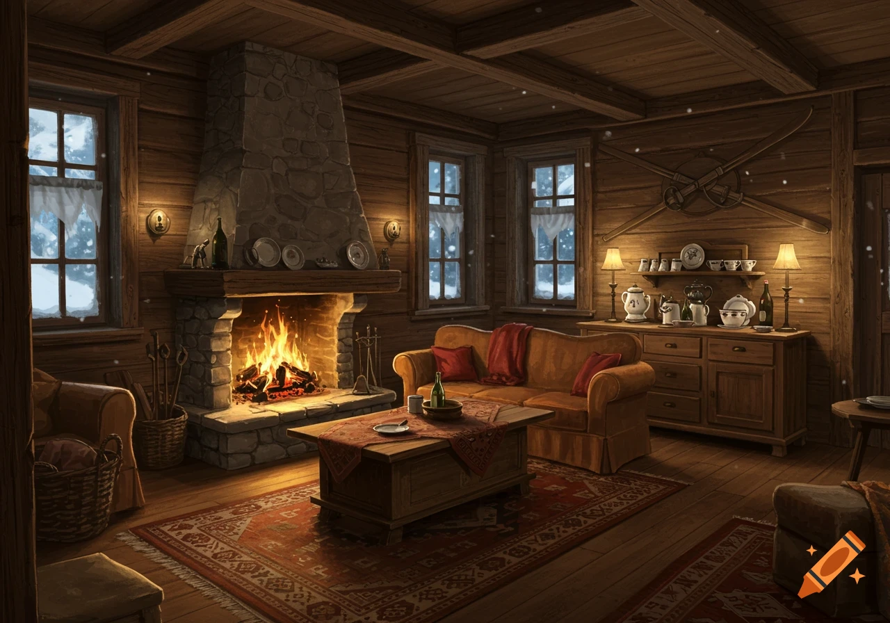 A cozy, rustic Swiss chalet living room with a lit stone fireplace, a warm sofa, and snow falling outside the windows.