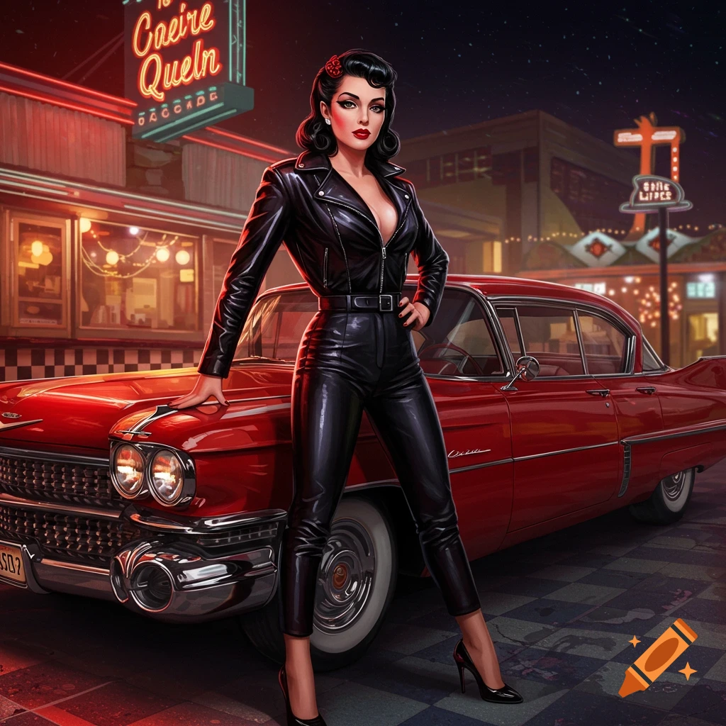 A pin-up style illustration of a woman in a black leather outfit posing next to a red vintage car outside a retro diner at night.