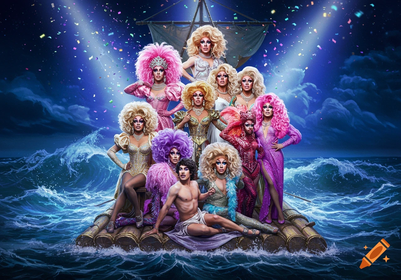 A group of elaborately dressed drag queens and a shirtless man on a raft in a stormy ocean, with confetti falling, in a flamboyant style.