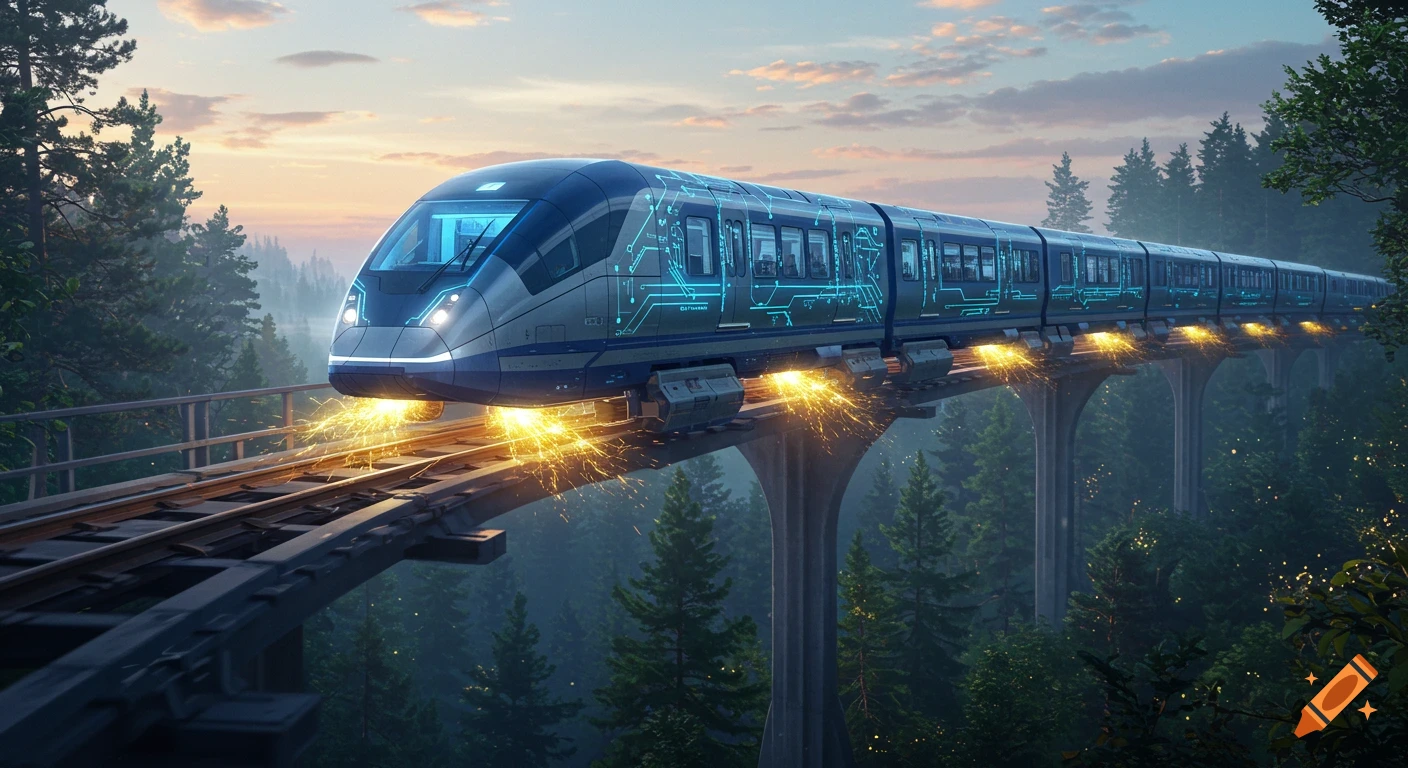 A futuristic mag-lev train with glowing circuit patterns speeds through an enchanted forest on an elevated track at dusk.