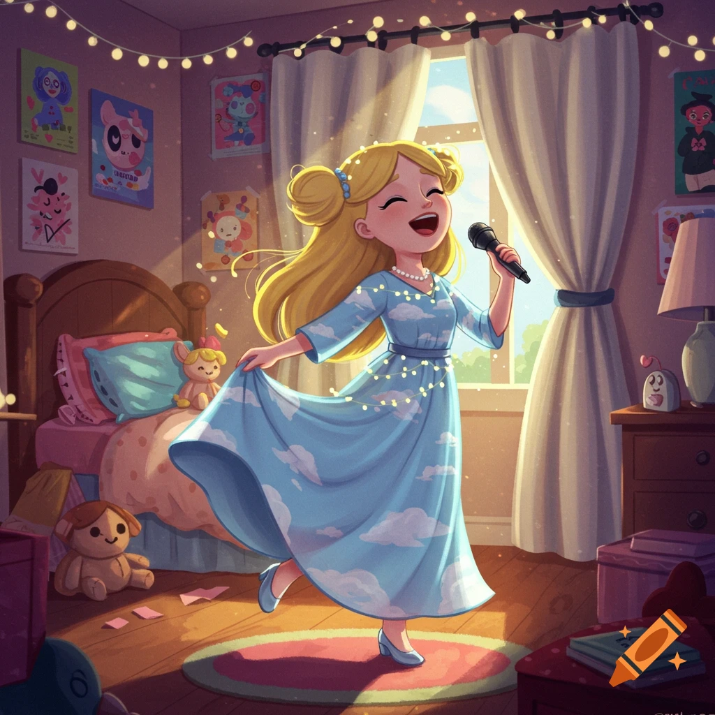 A happy blonde cartoon girl in a cloud-patterned blue dress sings into a microphone in her whimsical bedroom, with string lights.