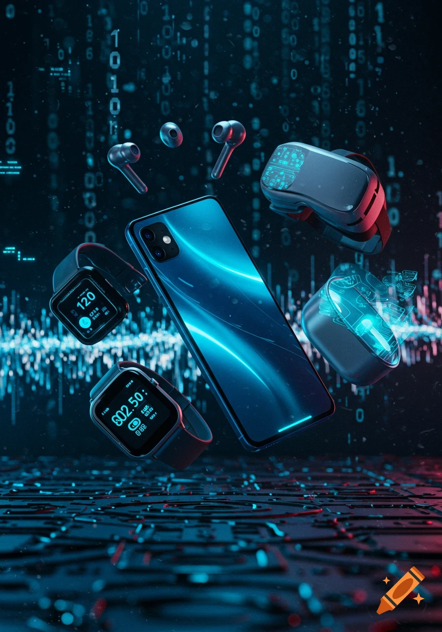 A smartphone, two smartwatches, wireless earbuds, a VR headset, and a charging case float in a dark, digitally-themed space with glowing blue and red lights.