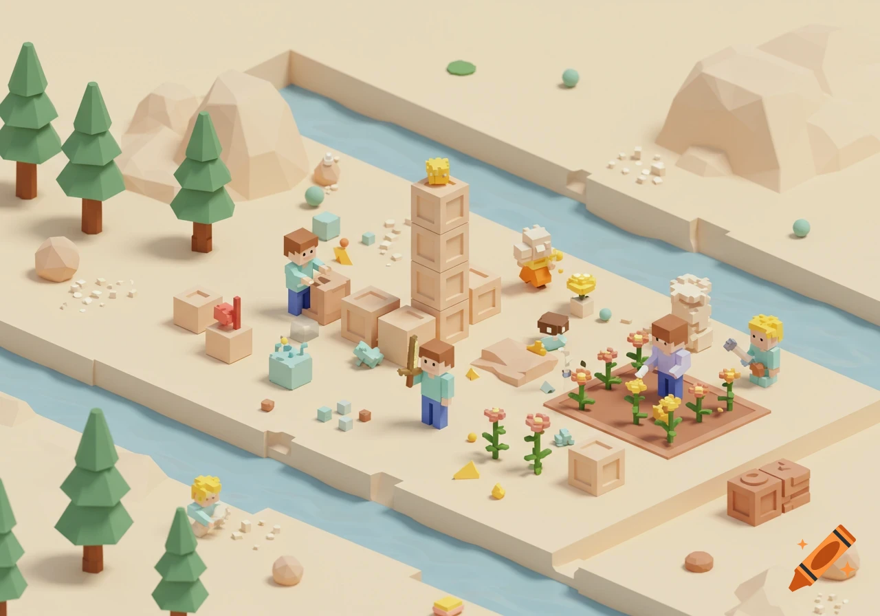 Low-poly isometric view of a sandbox game world with blocky characters building, gardening, and interacting by a river.