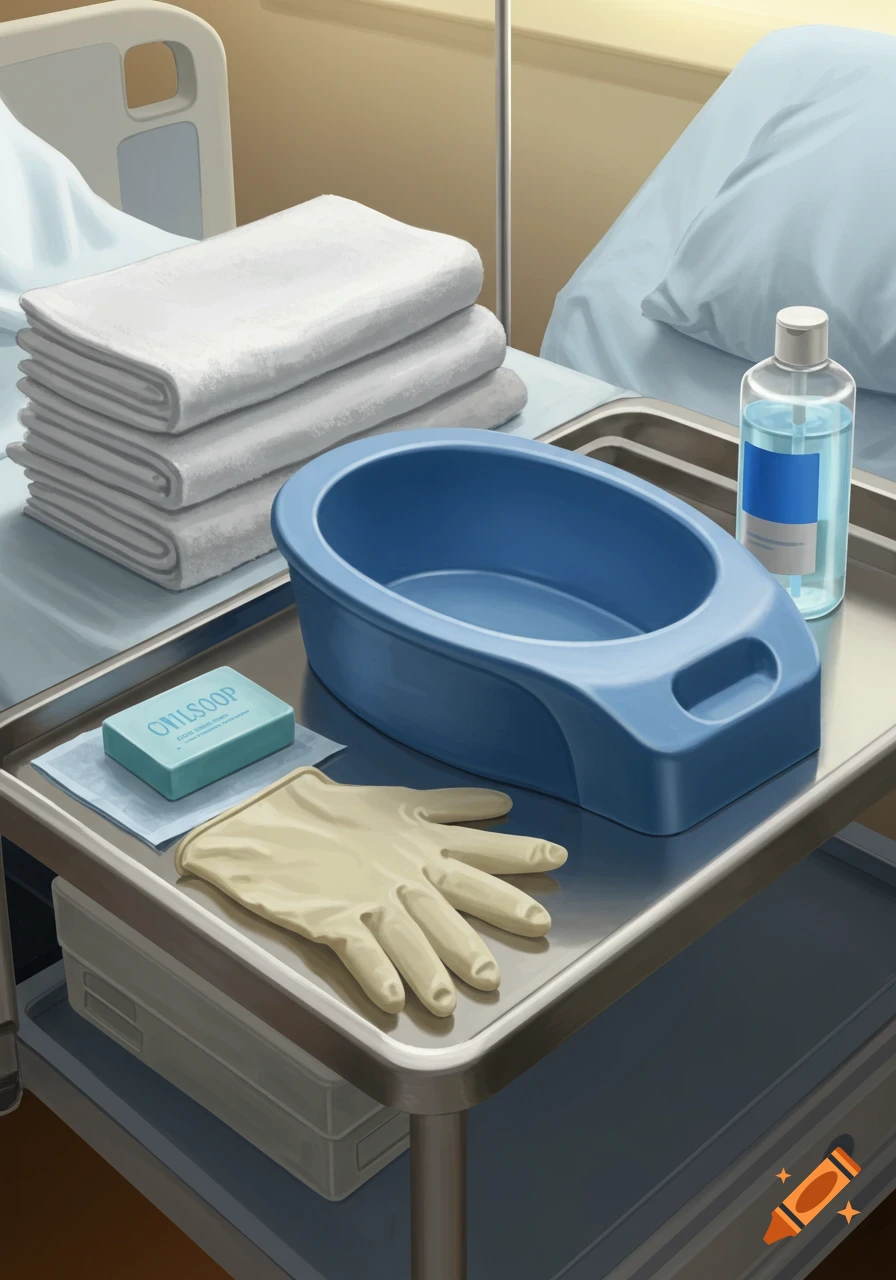 A blue plastic bedpan, white folded towels, a bottle of liquid, a bar of soap, and a latex glove on a metal medical cart next to a hospital bed.