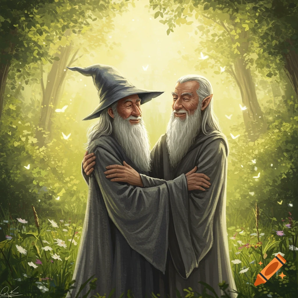 Gandalf and Saruman hugging and smiling in a lush, sunlit forest with wildflowers and butterflies, digital art.