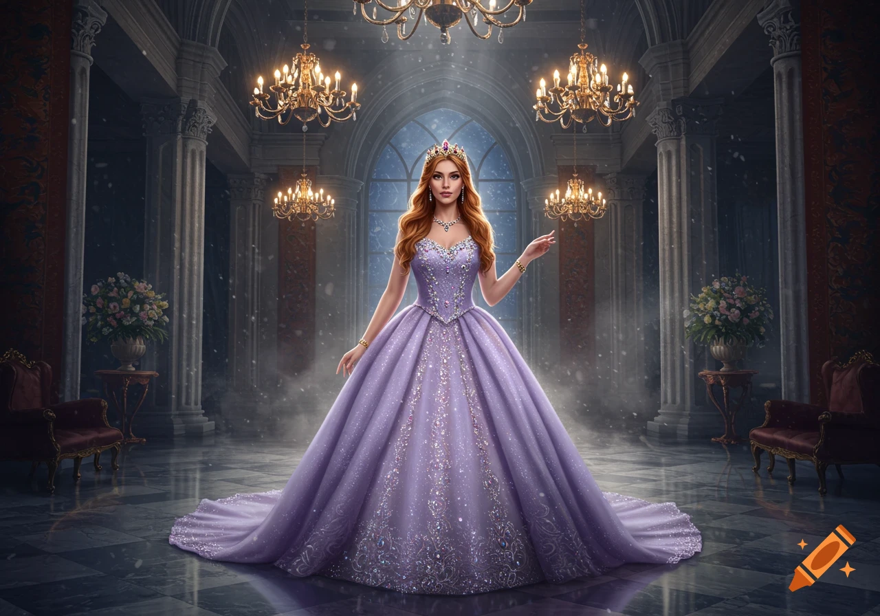 A princess in a sparkling lavender ball gown stands in a grand castle hall with chandeliers and falling snow, photorealistic.