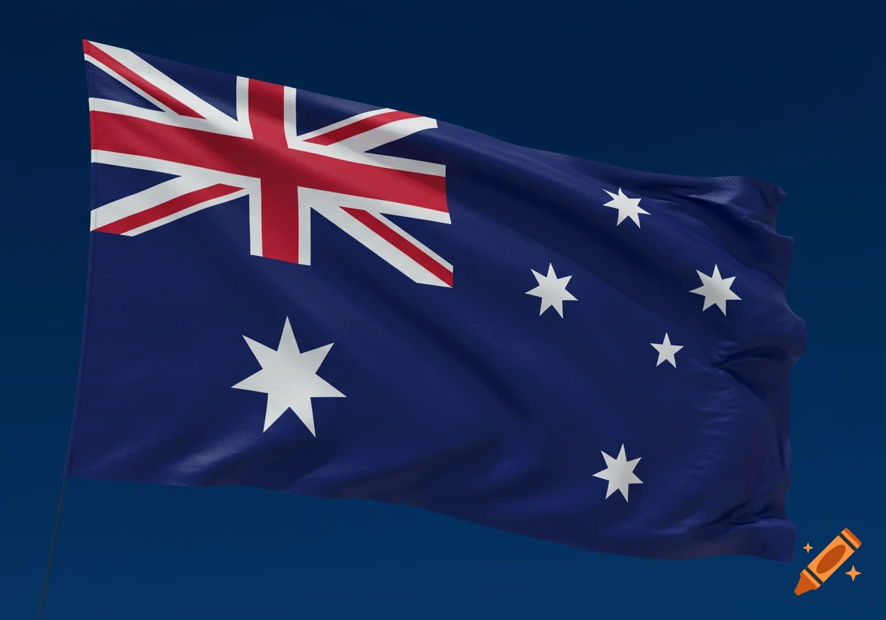 A close-up of the Australian flag waving against a dark blue sky, showing the Union Jack and the Southern Cross stars.