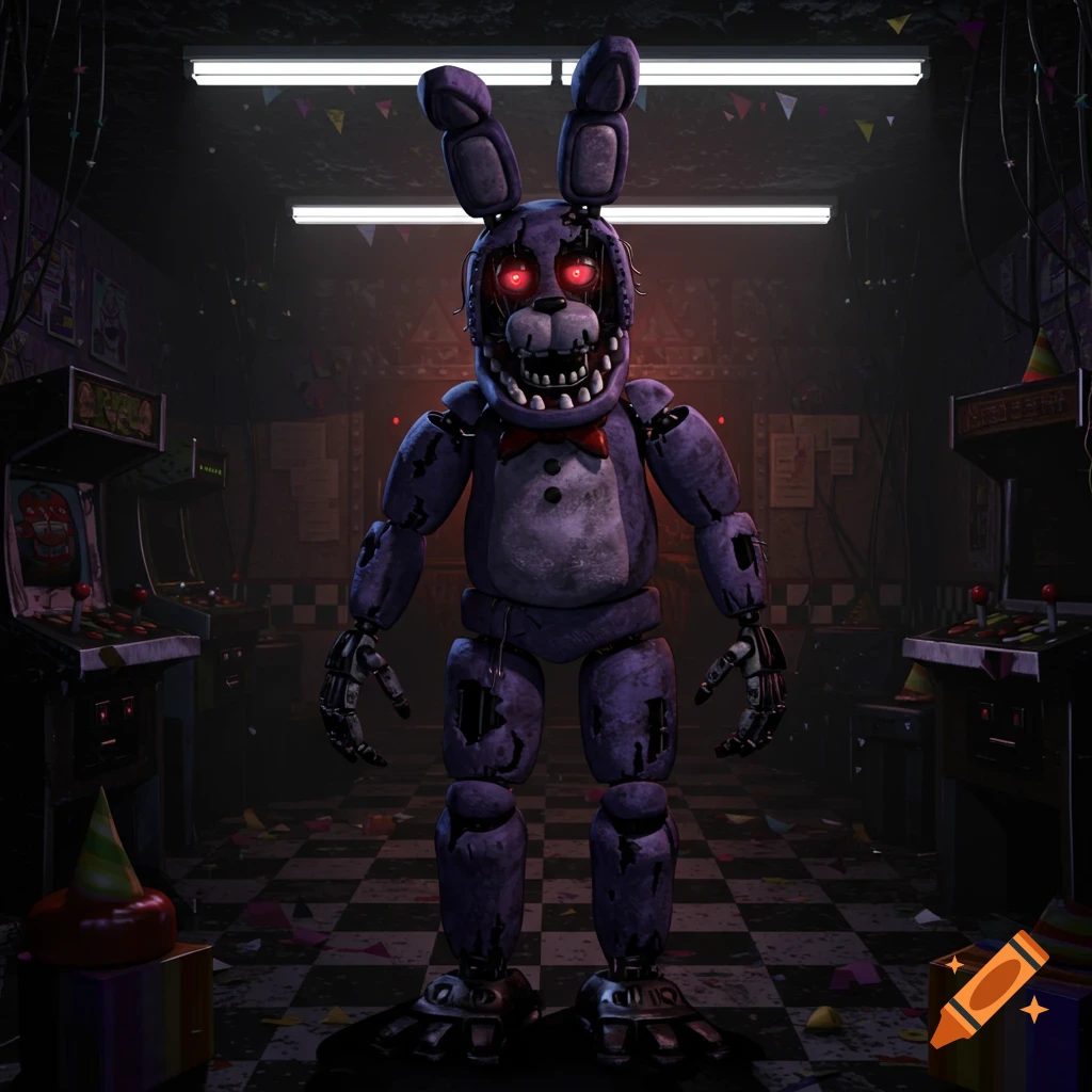 A menacing purple animatronic rabbit with glowing red eyes stands in a dark, dilapidated arcade room.