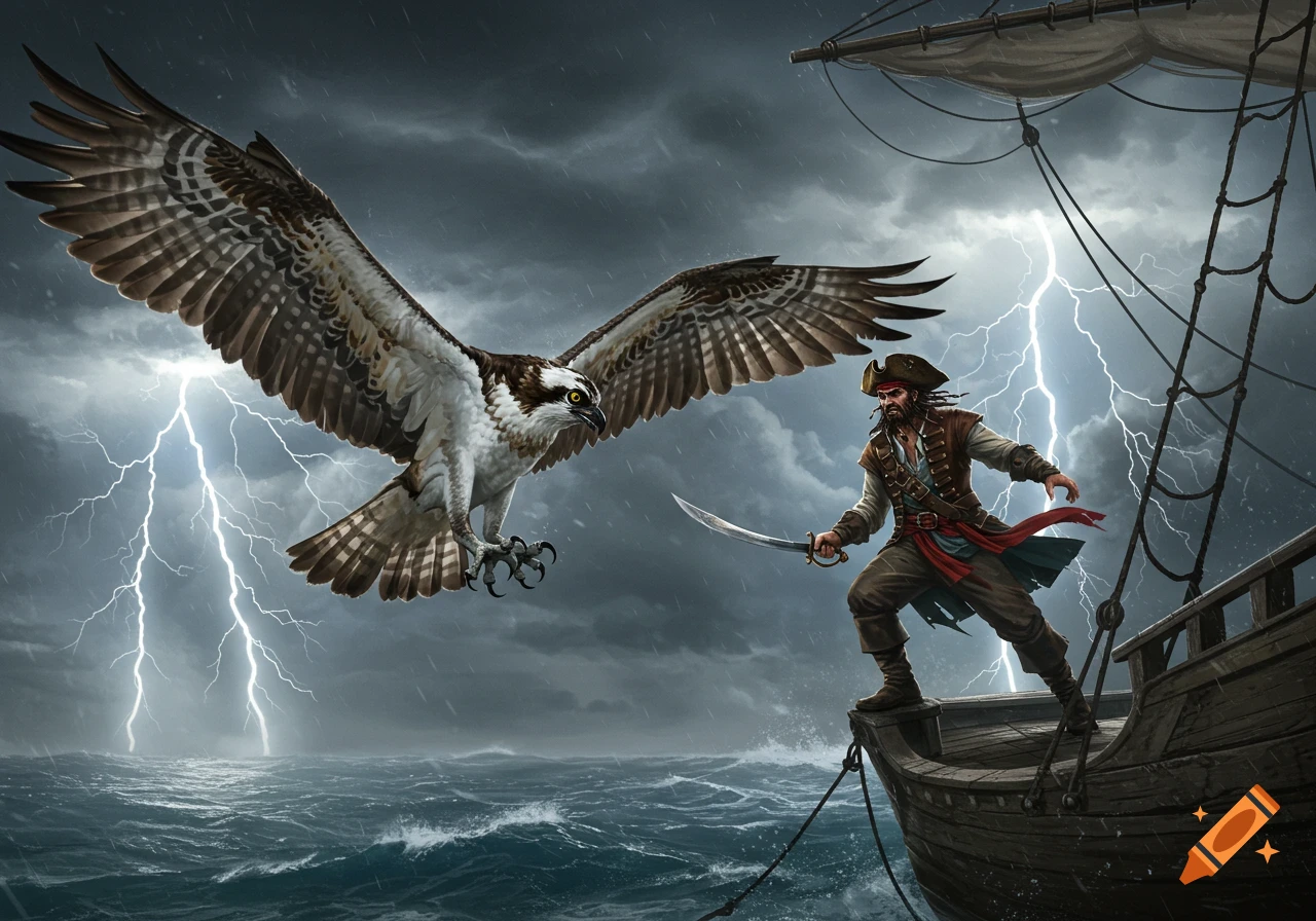 A fantasy illustration of a buccaneer with a sword on a ship confronting a large osprey in a stormy sea with lightning.