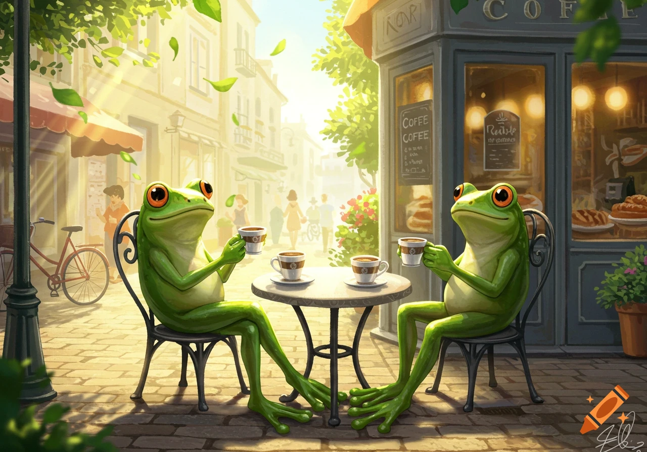 Two cartoon frogs sit at an outdoor cafe table, drinking coffee on a sunny street, with a coffee shop in the background.
