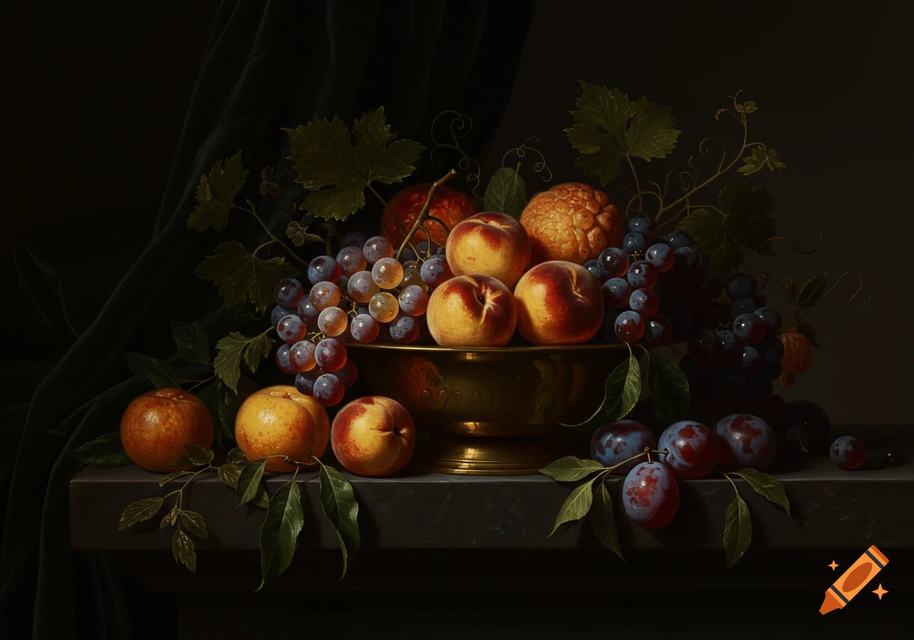 A dark baroque still life painting of a brass bowl overflowing with grapes, peaches, plums, and other ripe fruit on a stone ledge.