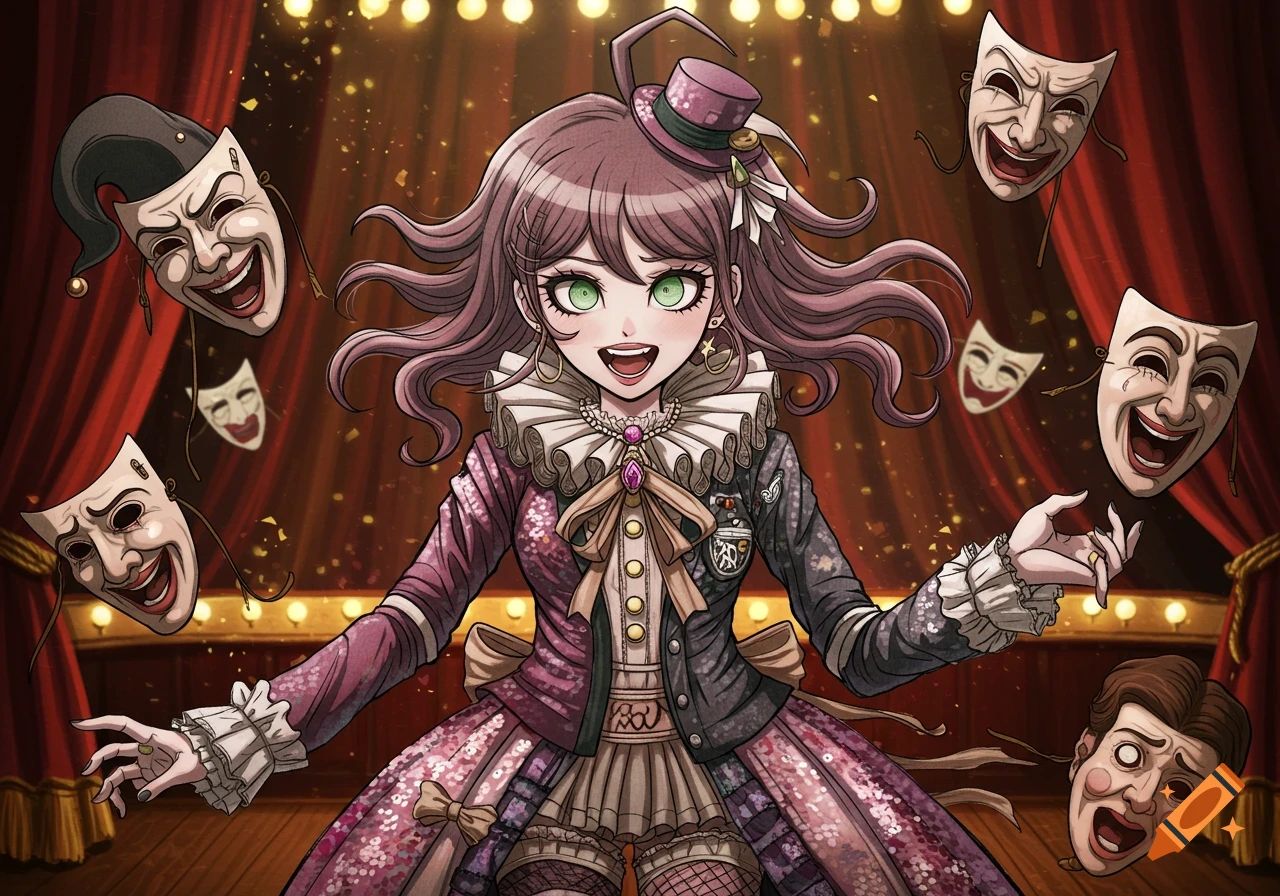 An eccentric anime girl in a theatrical jester outfit and top hat, posing on a stage with floating comedy and tragedy masks.