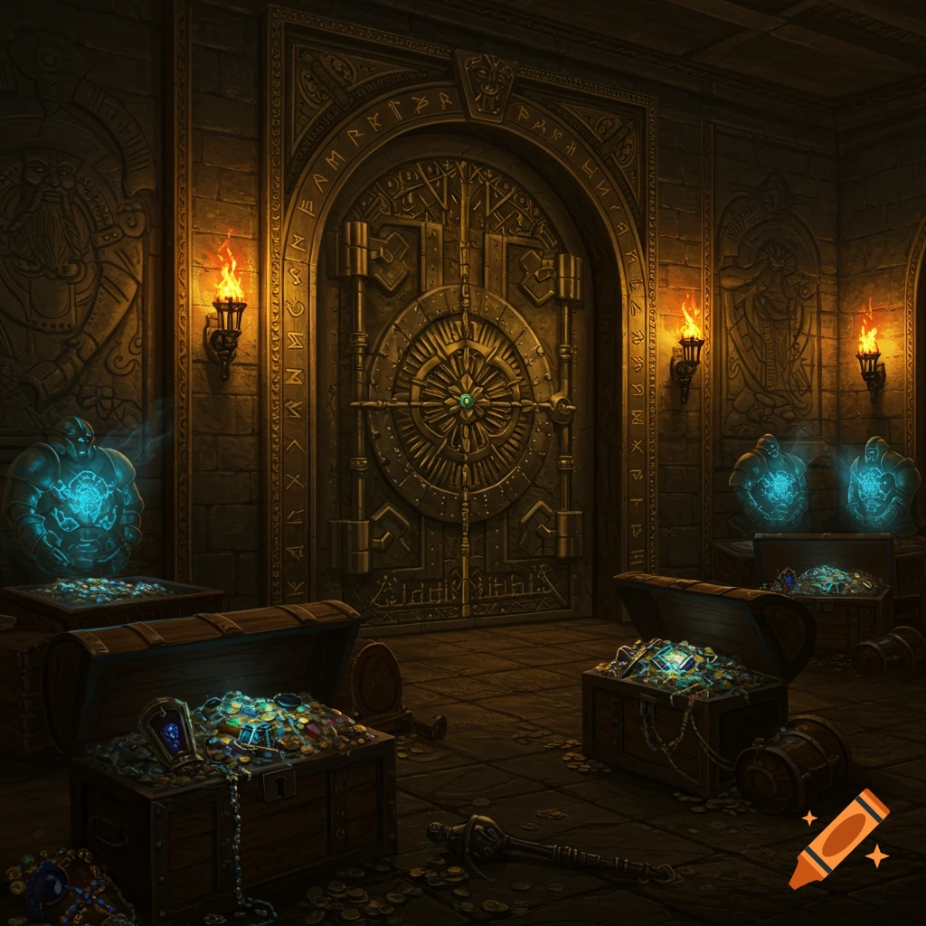 A dimly lit fantasy bank vault with a large, ornate circular door, flanked by flaming torches and surrounded by open treasure chests overflowing with gold and jewels. Glowing magical statues are also present.