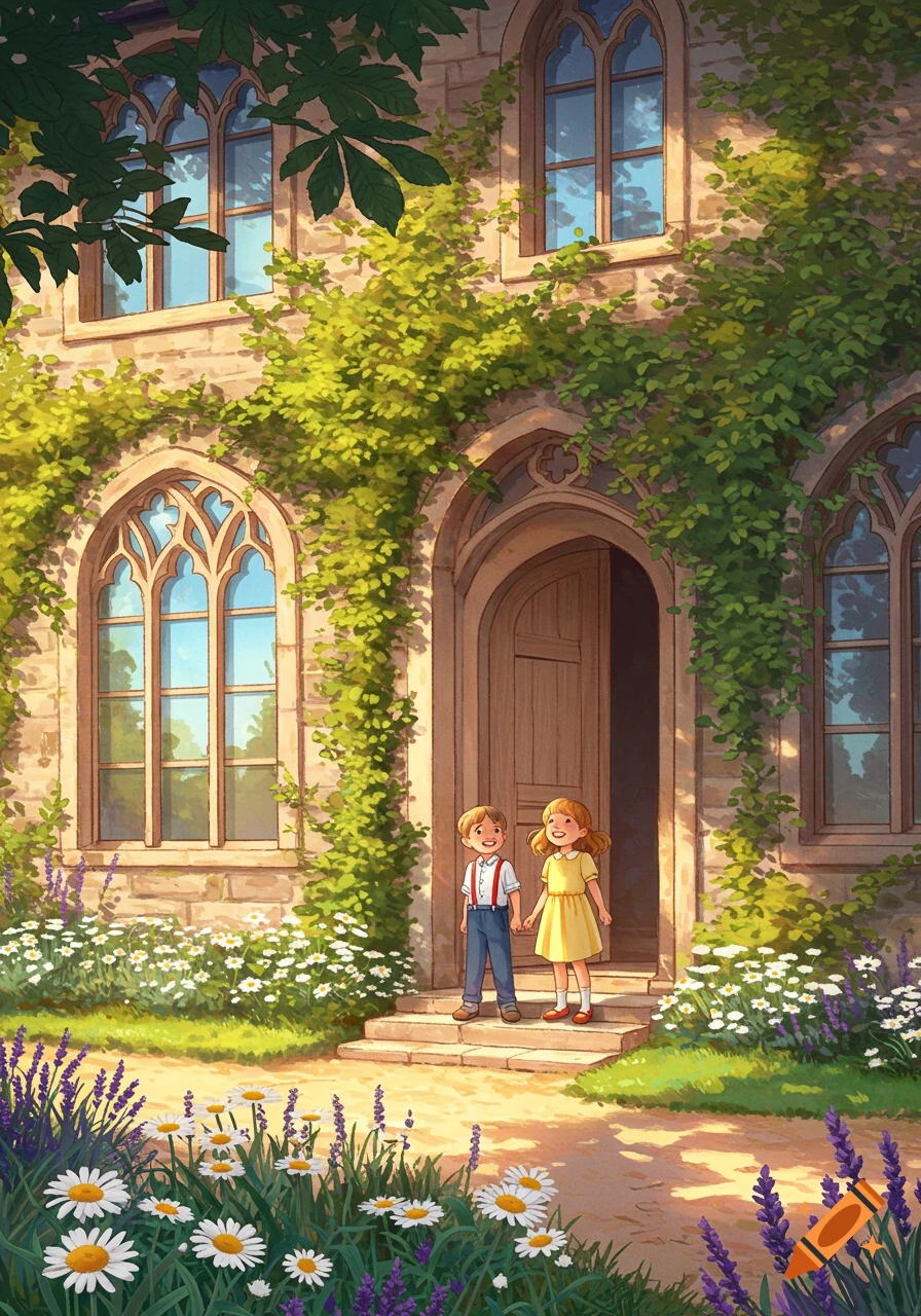 Two happy children stand on stone steps outside a beautiful vine-covered building with arched windows, surrounded by colorful flowers and greenery in an illustration style.