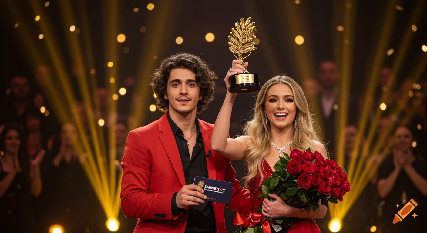 A man in a red suit and a woman in a red dress are on a stage, celebrating with a golden palm-leaf trophy, a bouquet of red roses, and a blue card, under golden spotlights with an applauding audience in the blurred background. Photorealistic style.