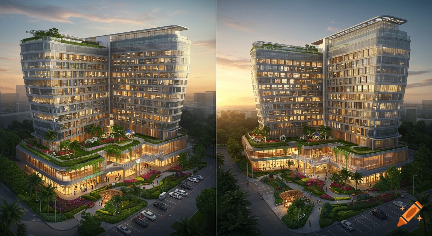 Realistic render of a modern, multi-story building with glass facades, green rooftops, lush gardens, and parking, at sunset.