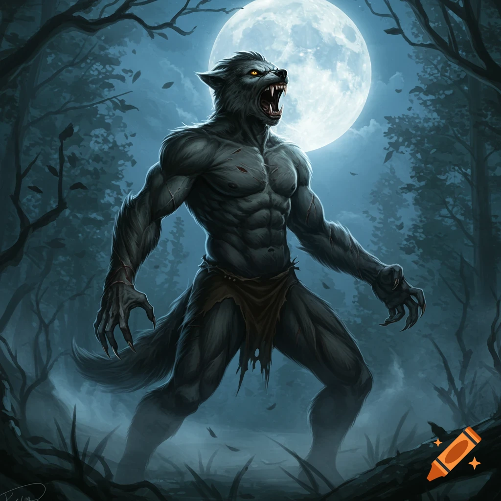 A muscular grey werewolf with glowing yellow eyes roars under a large full moon in a dark, misty forest. Digital painting.