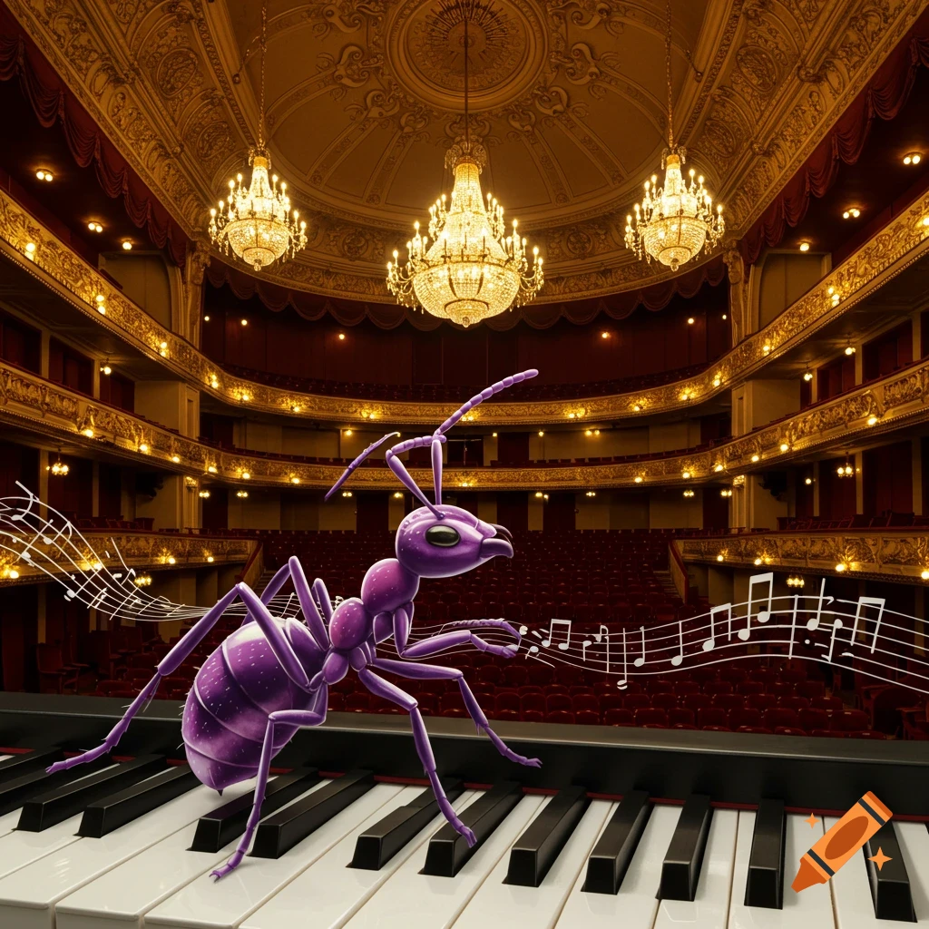 A large purple ant plays a piano on stage in a grand, ornate opera house, with musical notes floating around it.