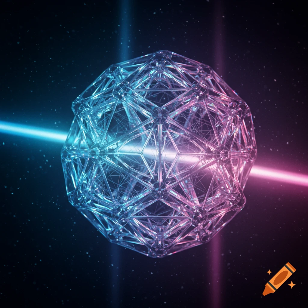 A glowing, intricate geometric lattice in blue and pink light against a dark, starry background.