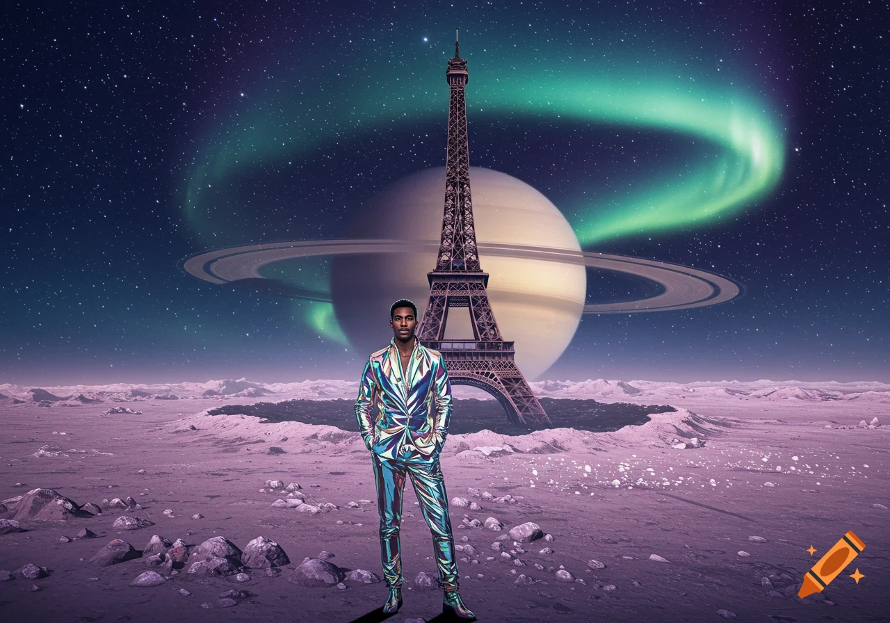 A man in a holographic suit stands on a purple alien planet with the Eiffel Tower, Saturn, and an aurora in the background.