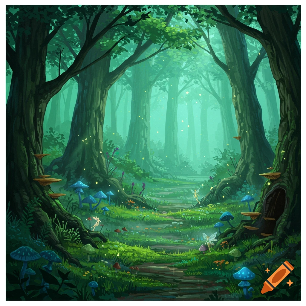 Vibrant illustration of a magical forest path with tall trees, glowing light, colorful mushrooms, and tiny fairies.