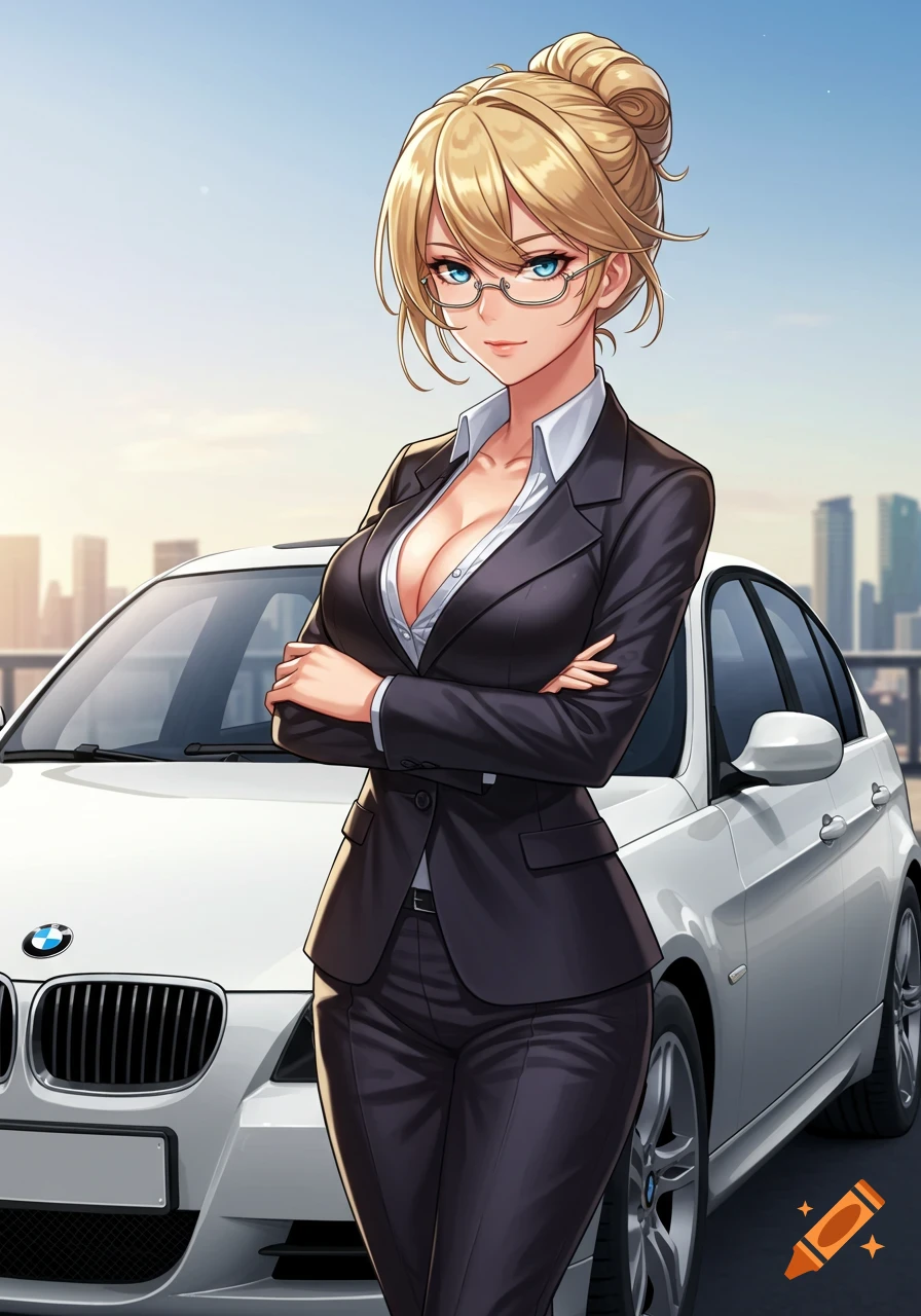 Anime woman with blonde bun, glasses, and blue eyes, in business attire, stands in front of a white BMW E90.